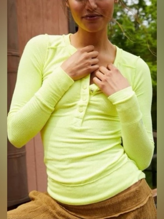 Free People Tops - FREE PEOPLE FP Movement Rally Rib Henley Lime Green Long Sleeve Shirt Small